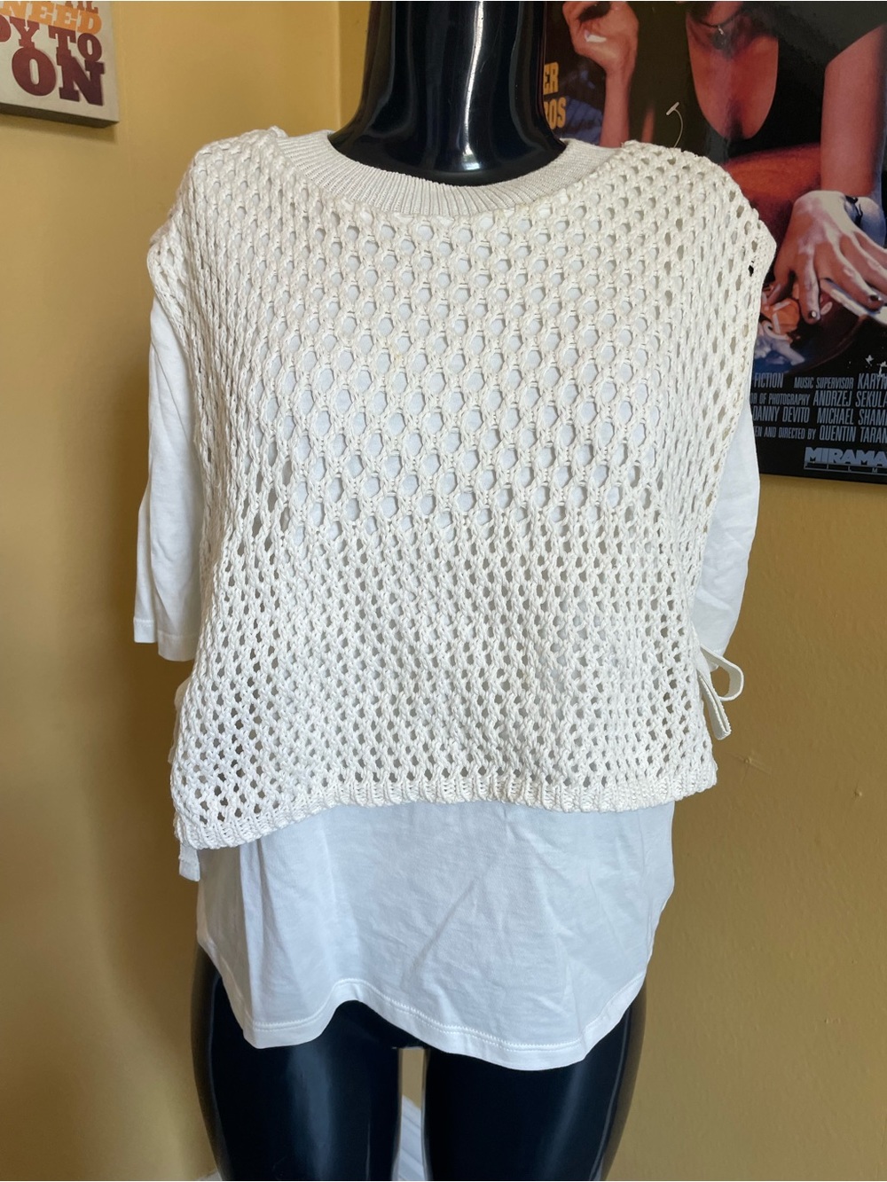 Zara Cream Crochet Knit Overlay Top Plain White T Size M